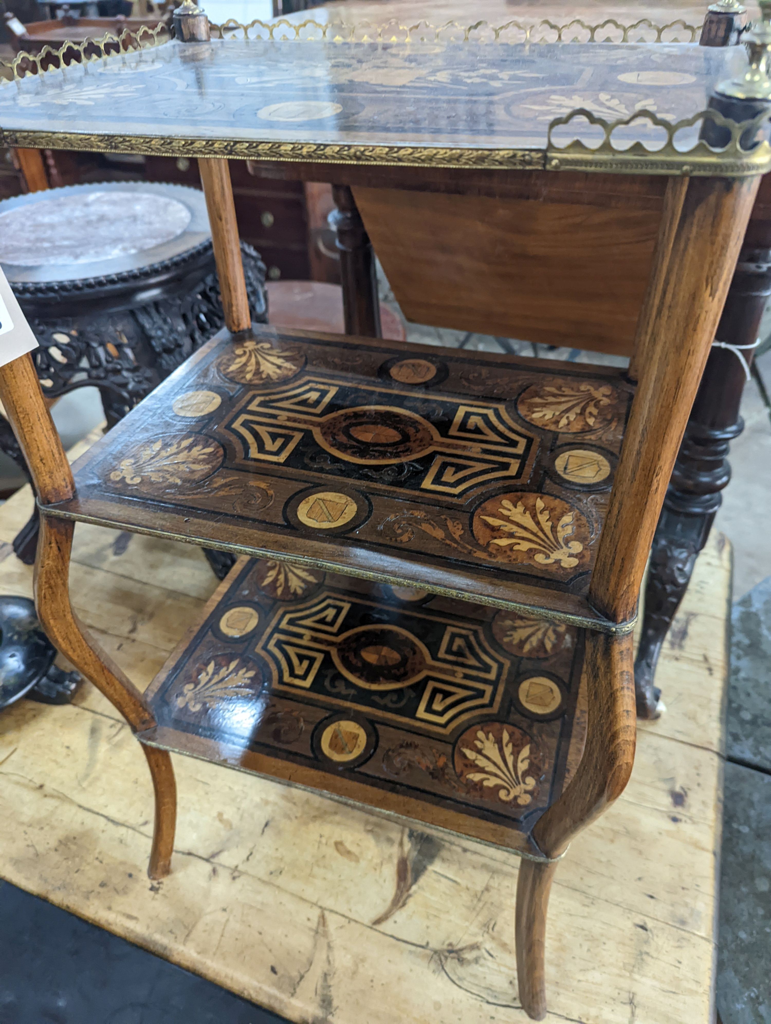 A 19th century French marquetry inlaid three tier etagere, width 42cm, depth 30cm, height 79cm